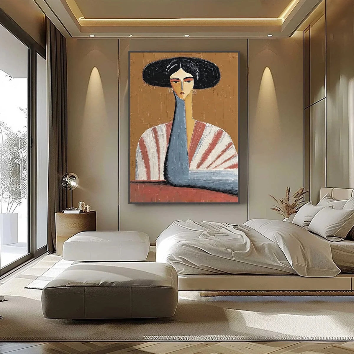 THE MUSE: Textured Figurative Portrait Oil Painting for Modern Decor | black frame version on white wall