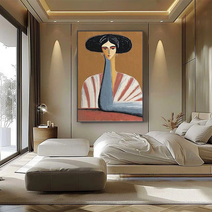 THE MUSE: Textured Figurative Portrait Oil Painting for Modern Decor | black frame version on white wall