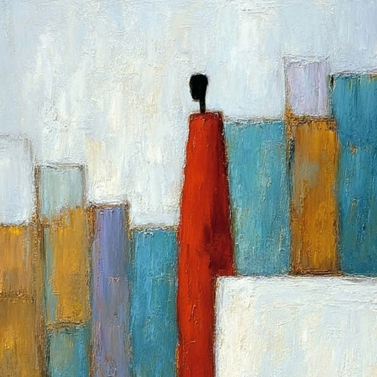 THE OBSERVER: Colorful Abstract Figurative Cityscape Painting | rectangular format, hand-painted canvas edge
