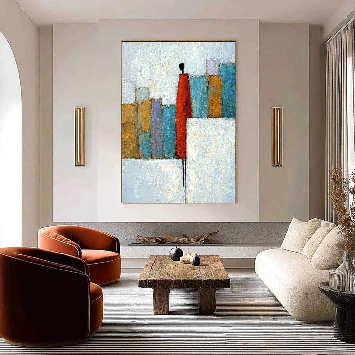 THE OBSERVER: Colorful Abstract Figurative Cityscape Painting | gold frame stretched on neutral wall