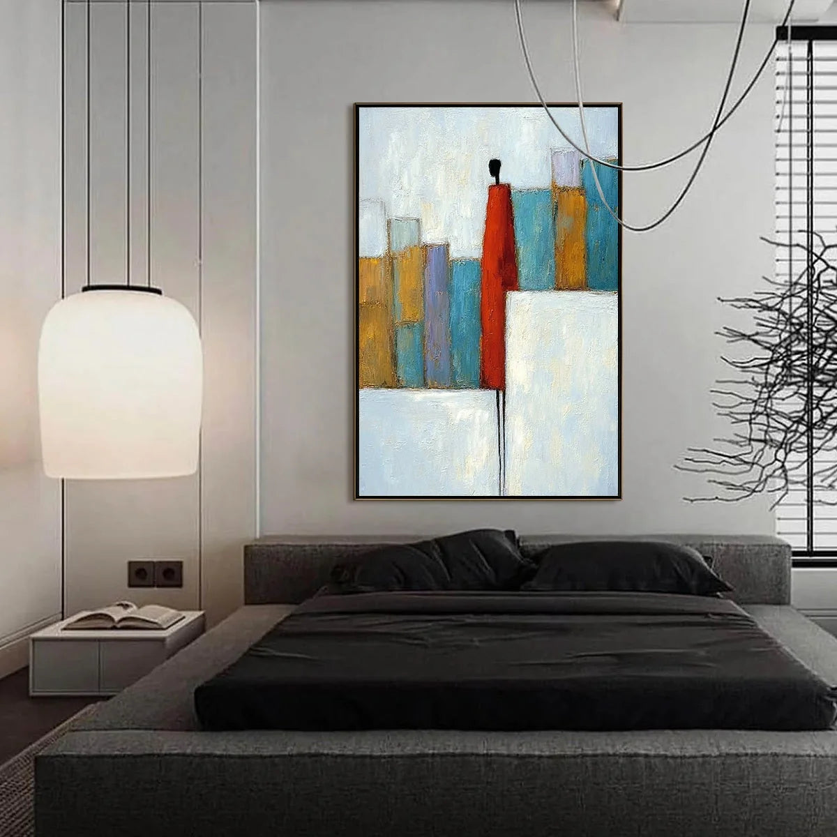 THE OBSERVER: Colorful Abstract Figurative Cityscape Painting | black frame version on white wall