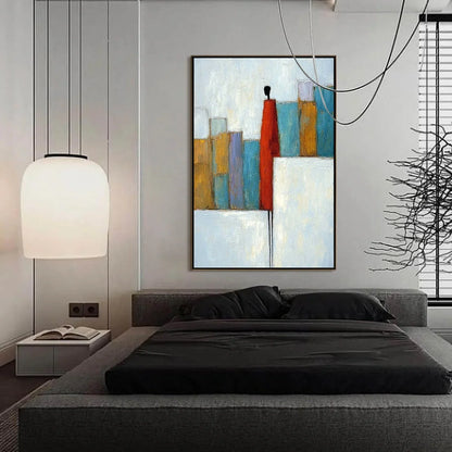 THE OBSERVER: Colorful Abstract Figurative Cityscape Painting | black frame version on white wall