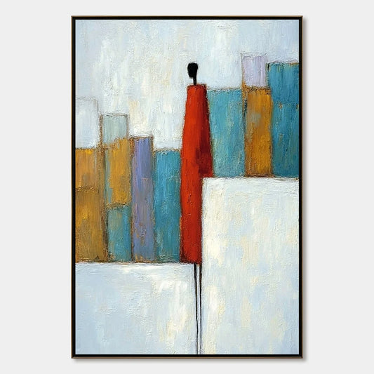 THE OBSERVER: Colorful Abstract Figurative Cityscape Painting | hanging in living room, Figurative wall art