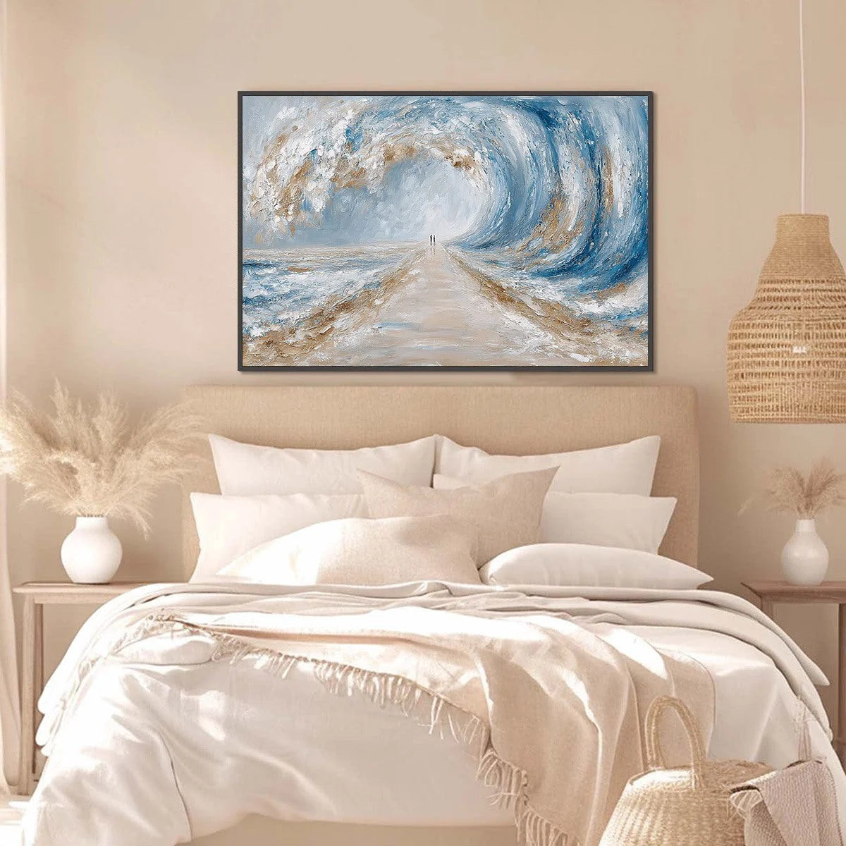 THE PATH WITHIN THE TIDE: Large Textured Abstract Seascape Painting | gold frame stretched on neutral wall
