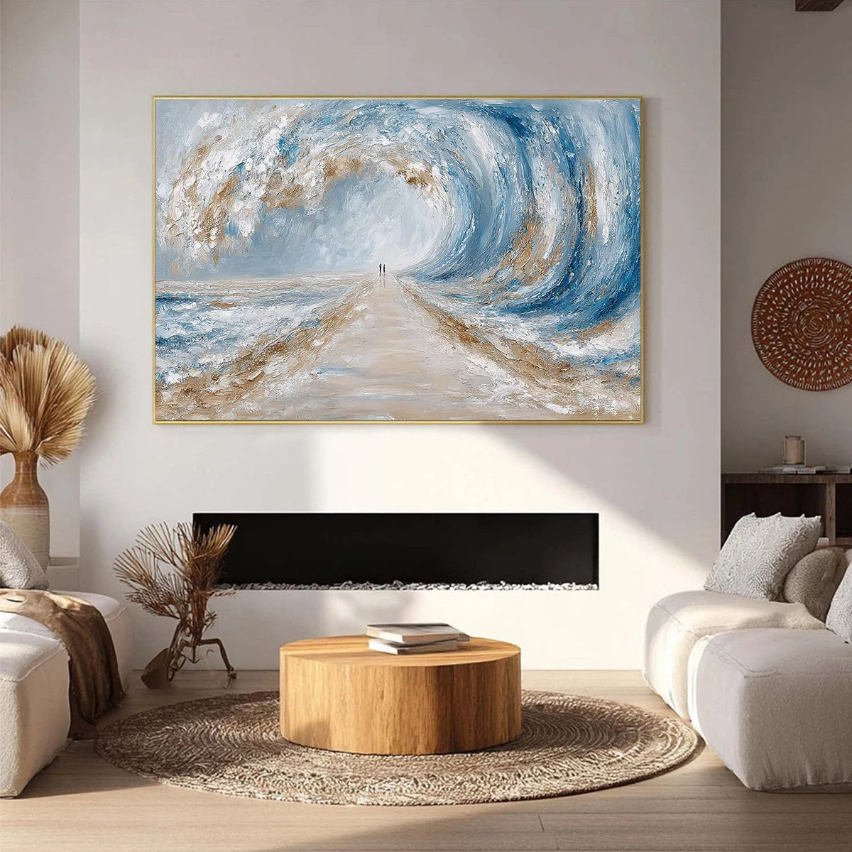 THE PATH WITHIN THE TIDE: Large Textured Abstract Seascape Painting | black frame version on white wall