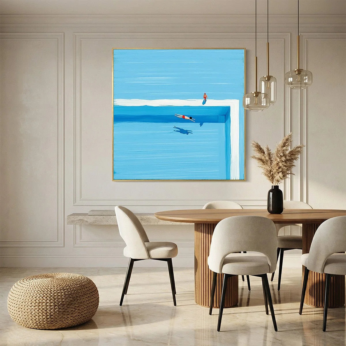 THE PLUNGE: Minimalist Blue Art of a Summer Pool Scene | Minimalist closeup, raised brushwork detail