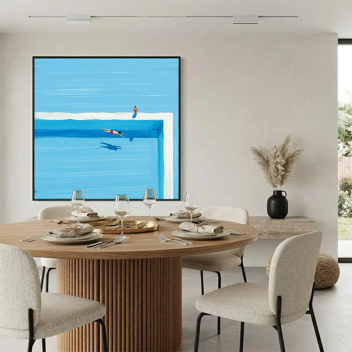 THE PLUNGE: Minimalist Blue Art of a Summer Pool Scene | gold frame stretched on neutral wall