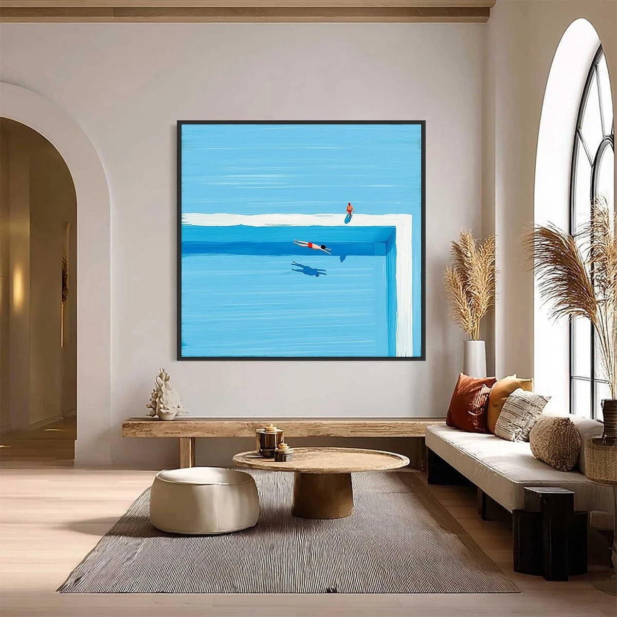 THE PLUNGE: Minimalist Blue Art of a Summer Pool Scene | black frame version on white wall