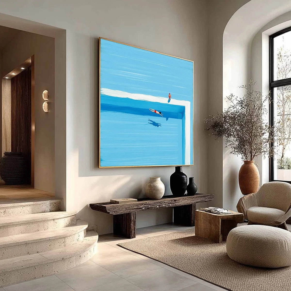 THE PLUNGE: Minimalist Blue Art of a Summer Pool Scene | multi-color palette, original oil on stretched canvas art