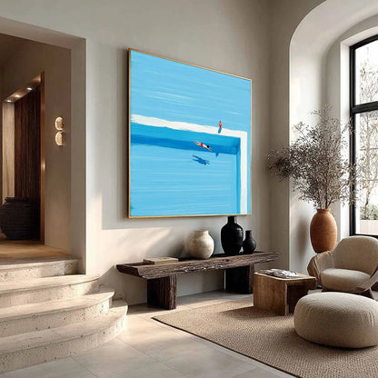 THE PLUNGE: Minimalist Blue Art of a Summer Pool Scene | multi-color palette, original oil on stretched canvas art