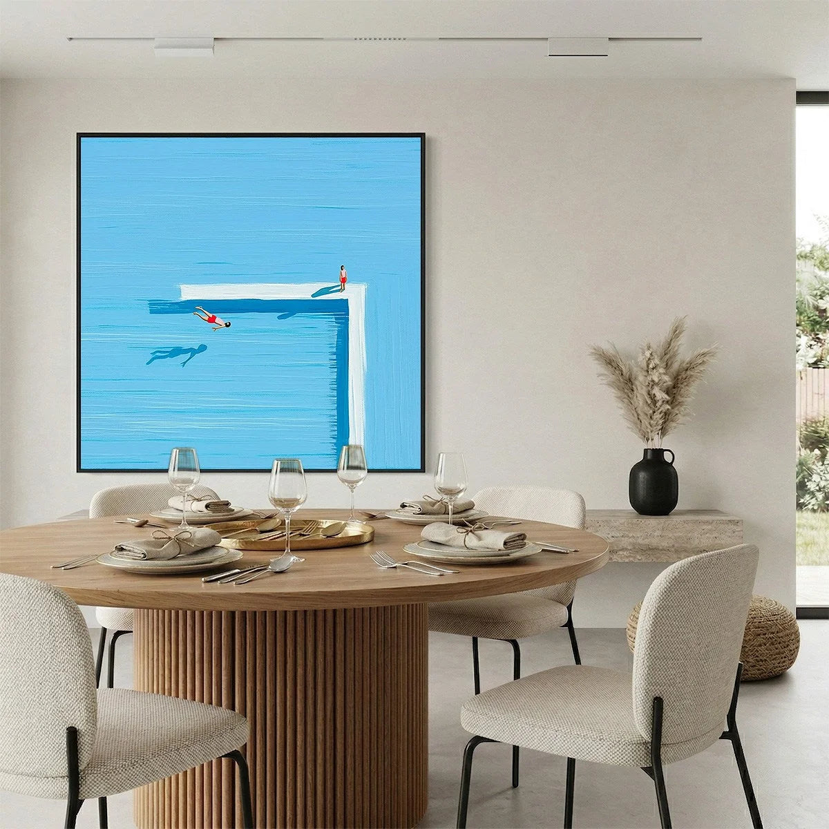 THE PLUNGE: Minimalist Modern Art of a Summer Pool Scene | gold frame stretched on neutral wall