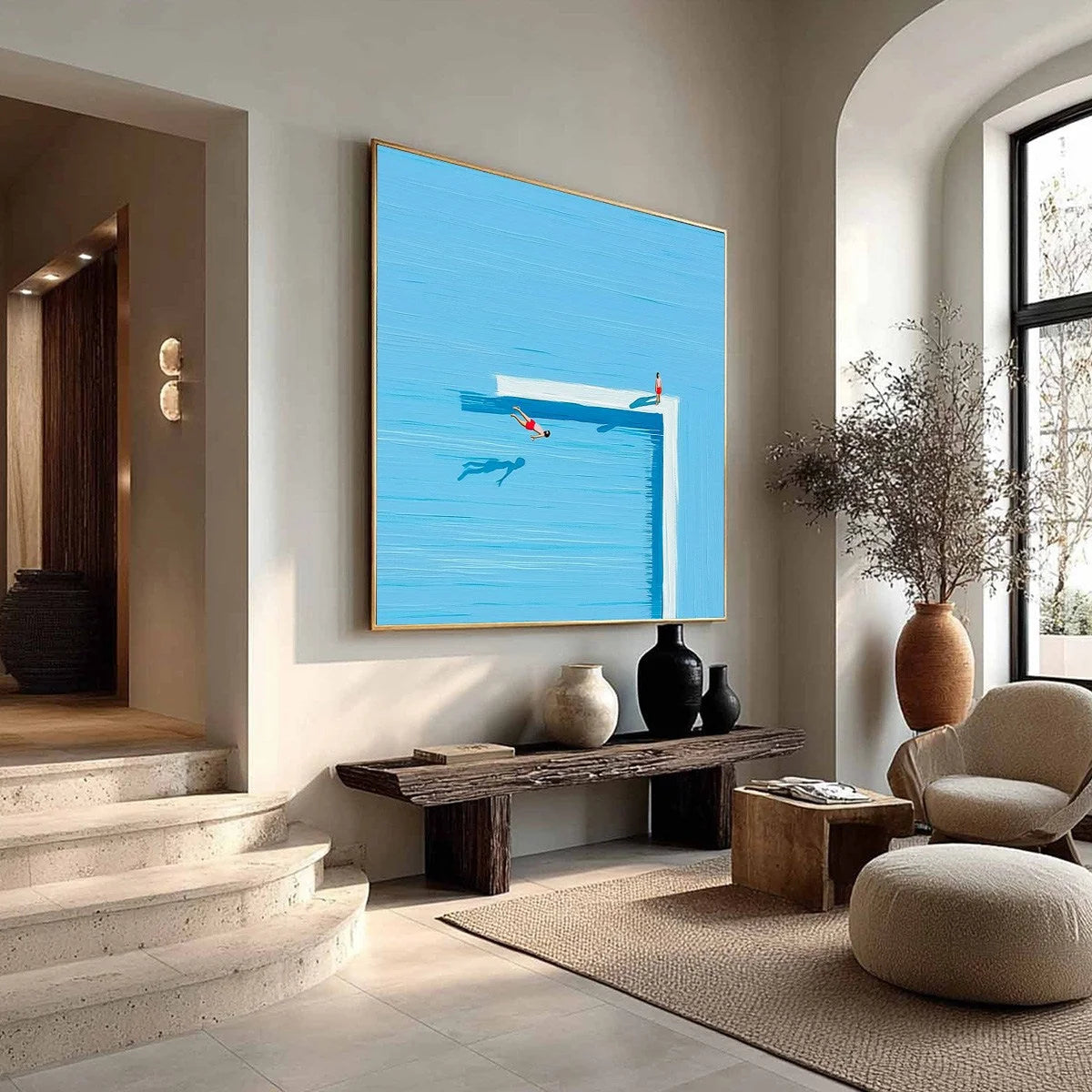 THE PLUNGE: Minimalist Modern Art of a Summer Pool Scene | multi-color palette, original oil on stretched canvas art