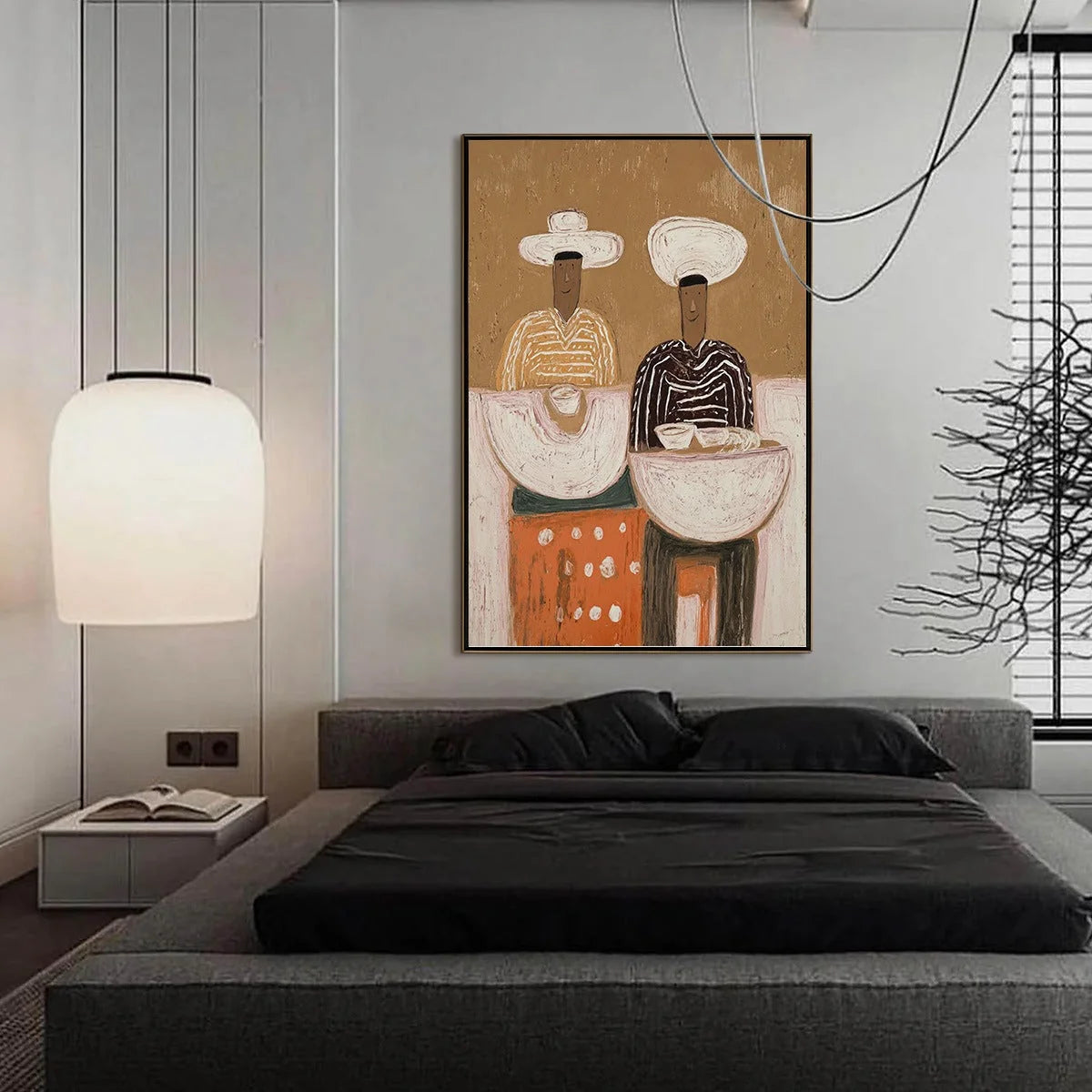 THE SHARING BOWL: Textured Wabi Sabi Painting of Shared Moments | gold frame stretched on neutral wall