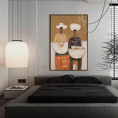 THE SHARING BOWL: Textured Wabi Sabi Painting of Shared Moments | gold frame stretched on neutral wall