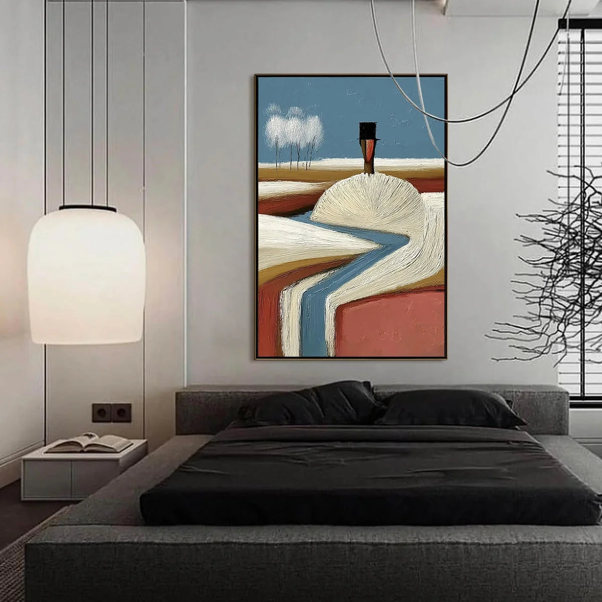 THE SILENT JOURNEY: Textured Wabi Sabi Abstract Landscape Painting | gold frame stretched on neutral wall