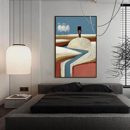 THE SILENT JOURNEY: Textured Wabi Sabi Abstract Landscape Painting | gold frame stretched on neutral wall