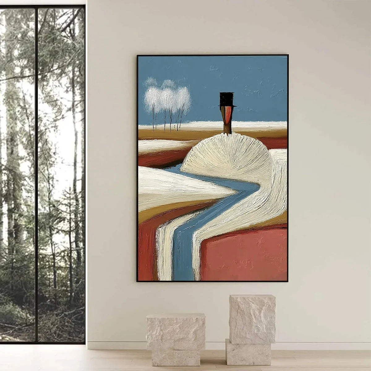 THE SILENT JOURNEY: Textured Wabi Sabi Abstract Landscape Painting | black frame version on white wall