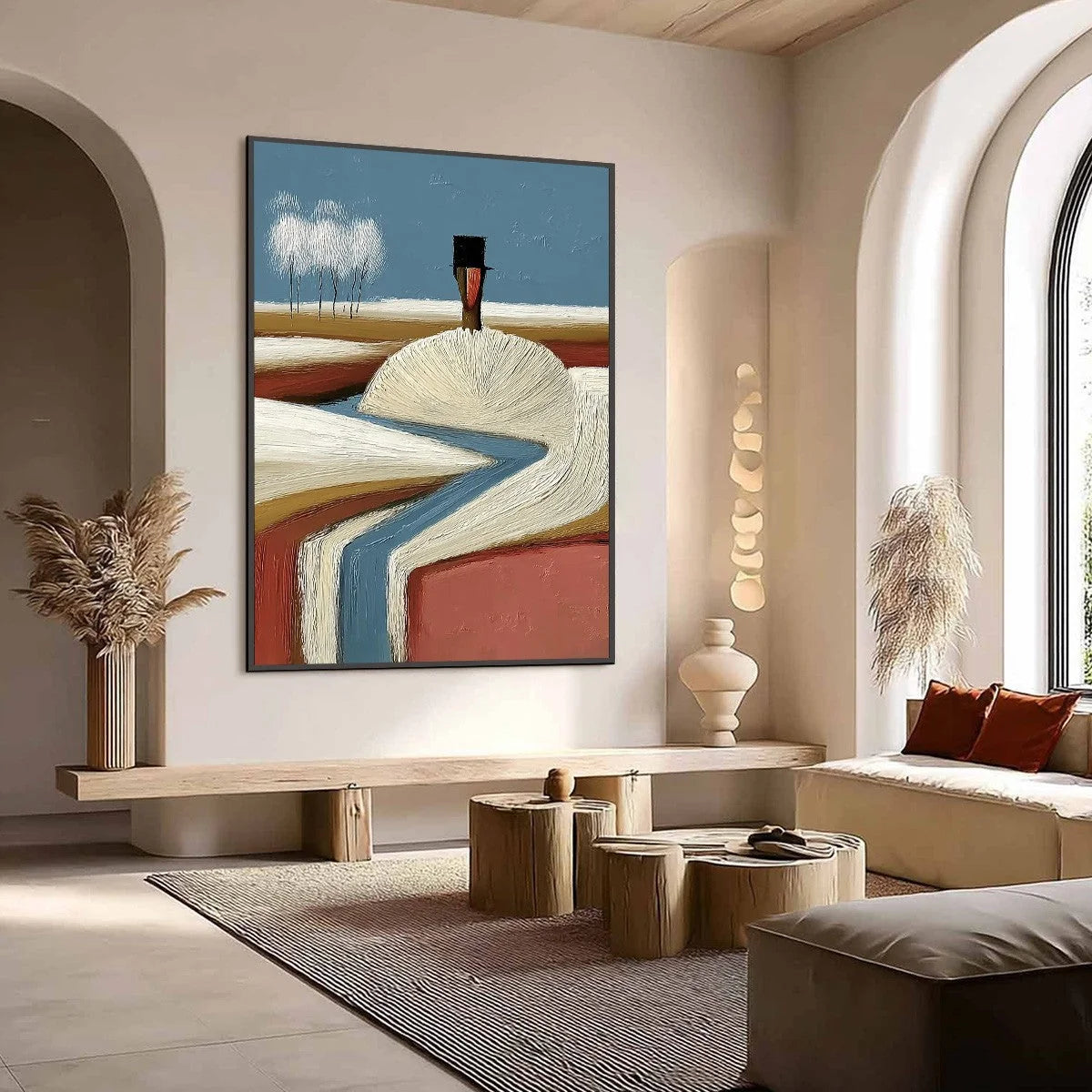 THE SILENT JOURNEY: Textured Wabi Sabi Abstract Landscape Painting | Abstract mood, soft natural light studio shot
