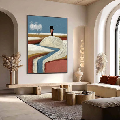 THE SILENT JOURNEY: Textured Wabi Sabi Abstract Landscape Painting | Abstract mood, soft natural light studio shot