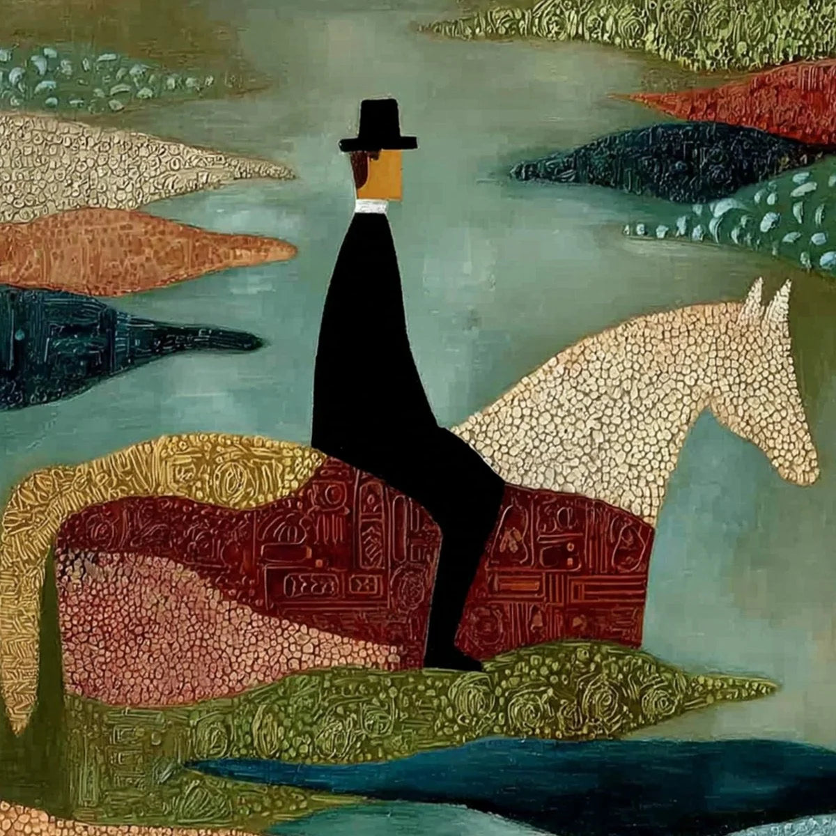 THE SOJOURNER: Textured Figurative Painting of a Rider on Horseback | rectangular format, hand-painted canvas edge