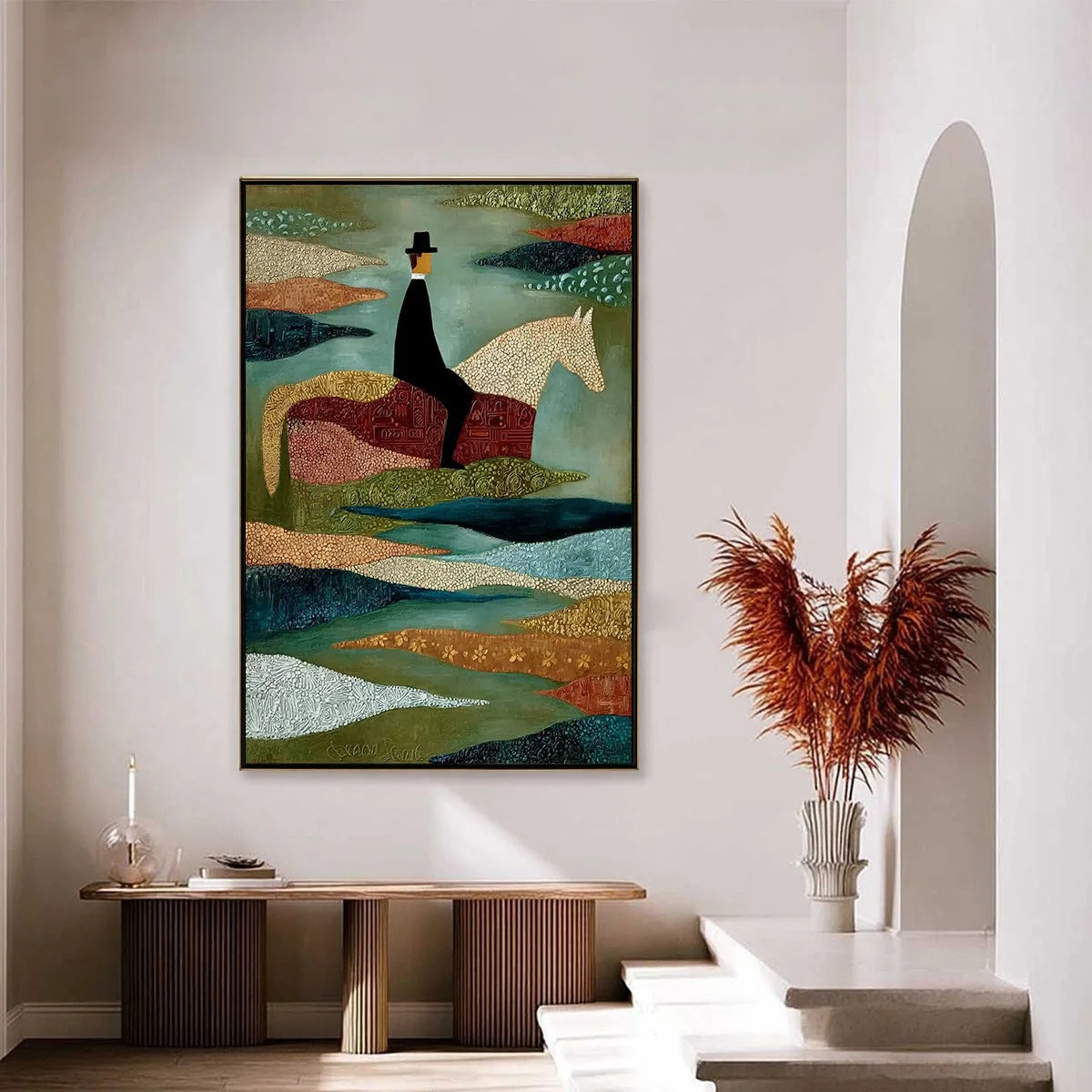 THE SOJOURNER: Textured Figurative Painting of a Rider on Horseback | gold frame stretched on neutral wall
