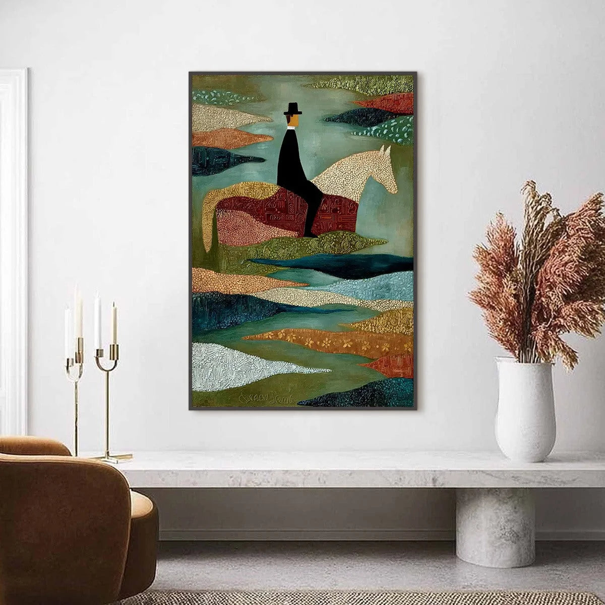 THE SOJOURNER: Textured Figurative Painting of a Rider on Horseback | black frame version on white wall