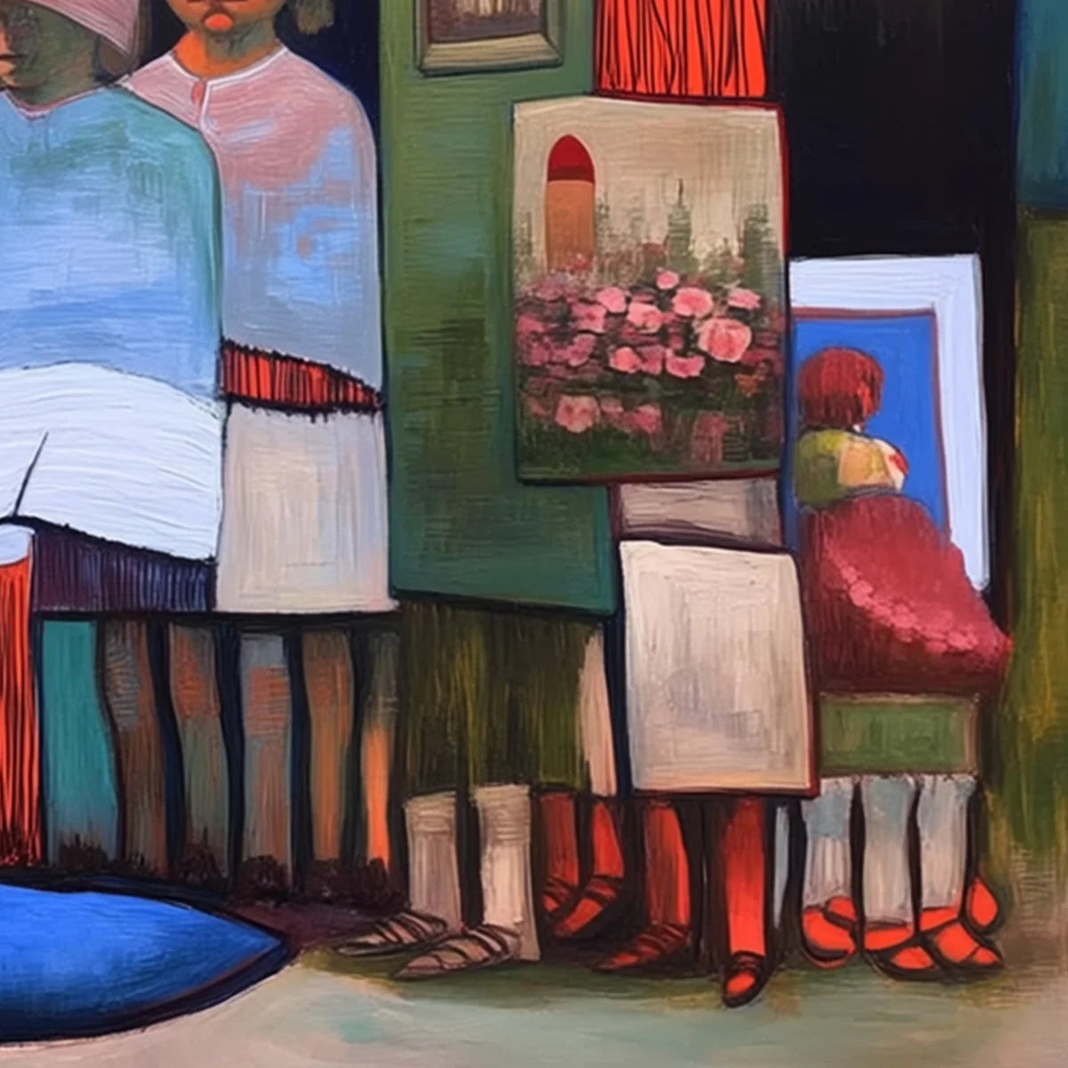 THE STORYKEEPERS: Colorful Figurative Painting of a Generational Gathering | rectangular format, hand-painted canvas edge