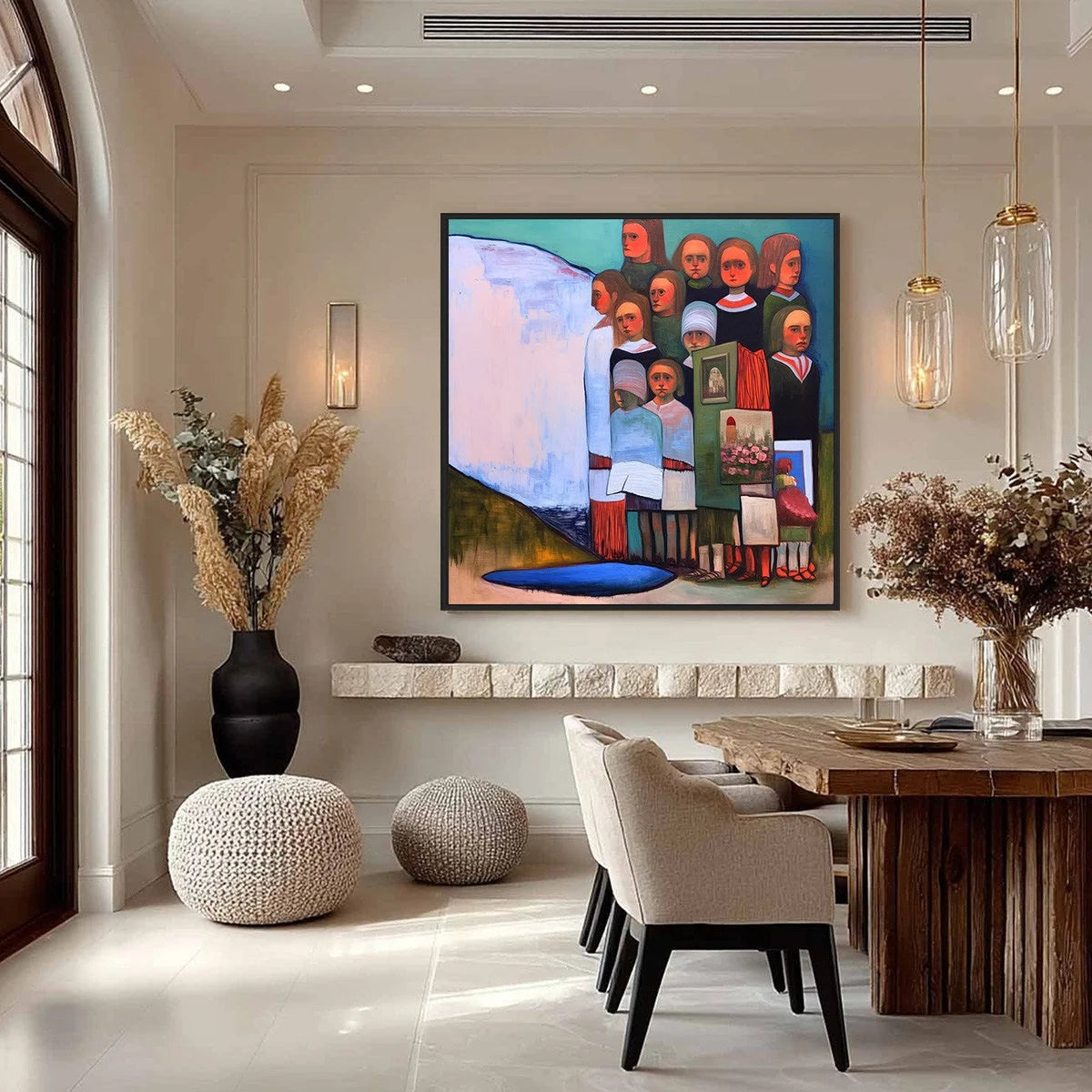 THE STORYKEEPERS: Colorful Figurative Painting of a Generational Gathering | gold frame stretched on neutral wall