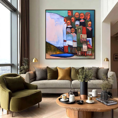 THE STORYKEEPERS: Colorful Figurative Painting of a Generational Gathering | black frame version on white wall
