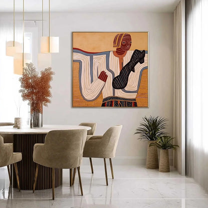 THE STORYTELLER: Abstract Figurative Portrait Painting with Earth Tones | gold frame stretched on neutral wall