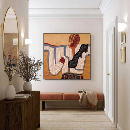 THE STORYTELLER: Abstract Figurative Portrait Painting with Earth Tones | black frame version on white wall