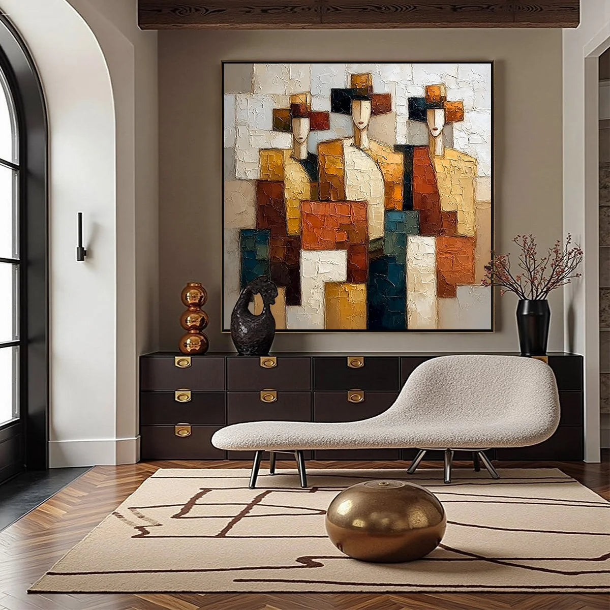 THE TRIAD: Textured Geometric Figurative Portrait Painting | gold frame stretched on neutral wall