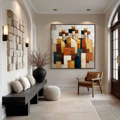 THE TRIAD: Textured Geometric Figurative Portrait Painting | black frame version on white wall