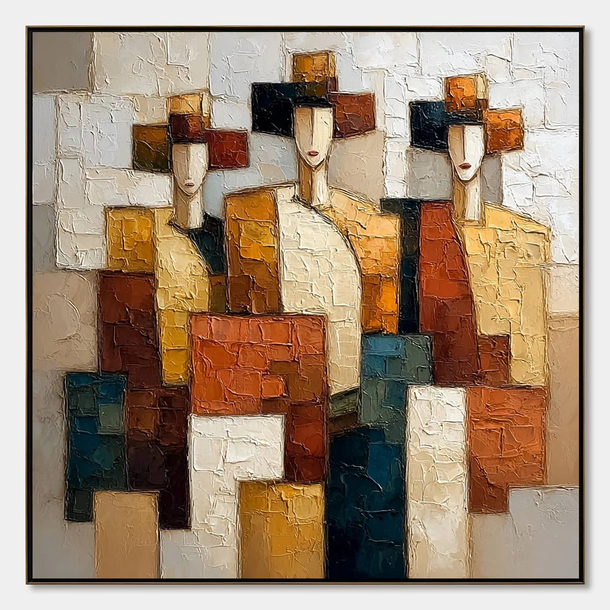 THE TRIAD: Textured Geometric Figurative Portrait Painting | hanging in living room, Figurative wall art