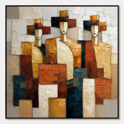 THE TRIAD: Textured Geometric Figurative Portrait Painting | hanging in living room, Figurative wall art