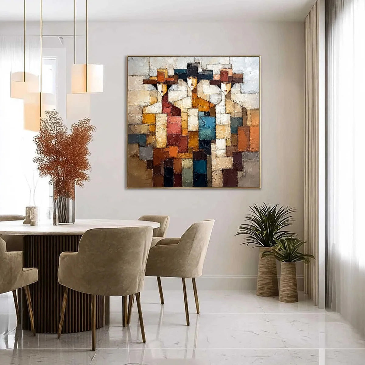 THE TRIAD: Textured Abstract Figurative Oil Painting | gold frame stretched on neutral wall