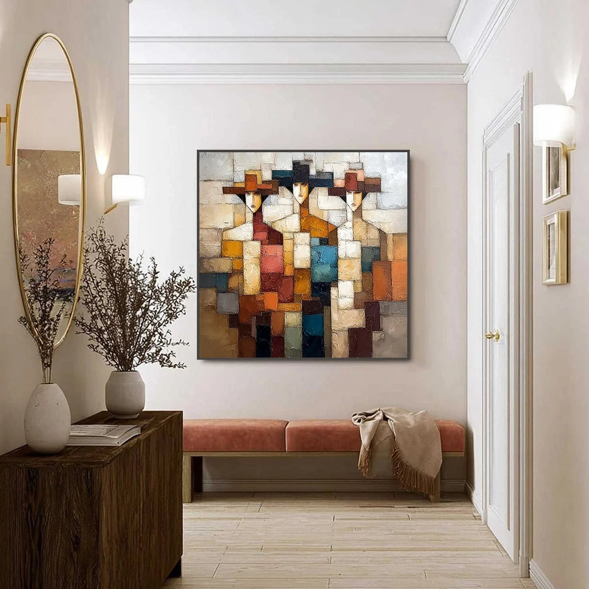 THE TRIAD: Textured Abstract Figurative Oil Painting | black frame version on white wall
