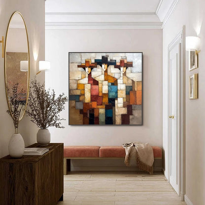 THE TRIAD: Textured Abstract Figurative Oil Painting | black frame version on white wall