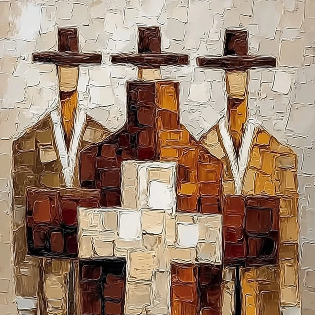 THE TRIAD: Textured Impasto Painting of Abstract Figures | rectangular format, hand-painted canvas edge