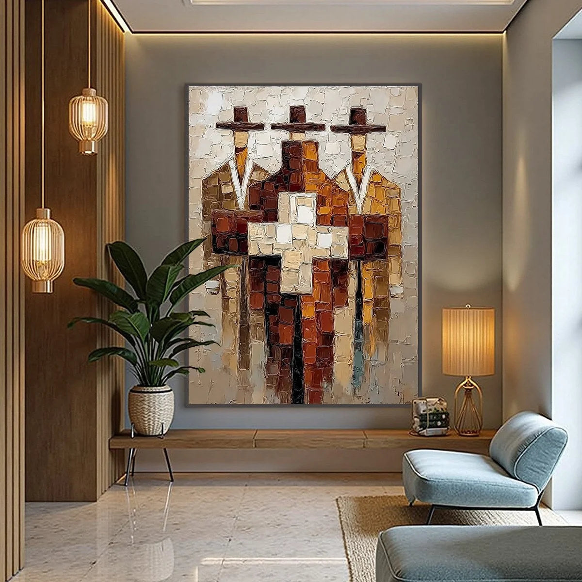 THE TRIAD: Textured Impasto Painting of Abstract Figures | gold frame stretched on neutral wall