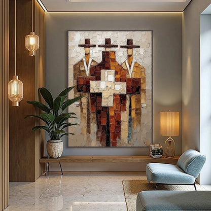THE TRIAD: Textured Impasto Painting of Abstract Figures | gold frame stretched on neutral wall