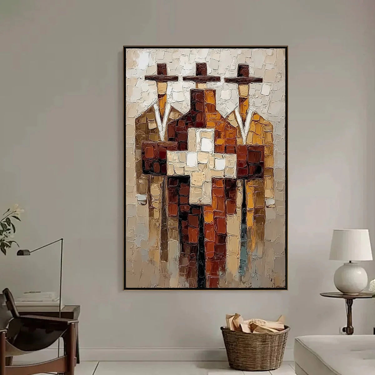 THE TRIAD: Textured Impasto Painting of Abstract Figures | black frame version on white wall