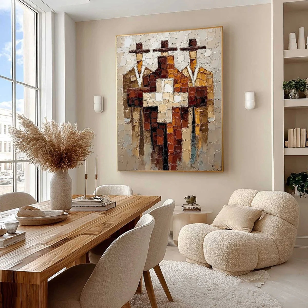 THE TRIAD: Textured Impasto Painting of Abstract Figures | Abstract mood, soft natural light studio shot