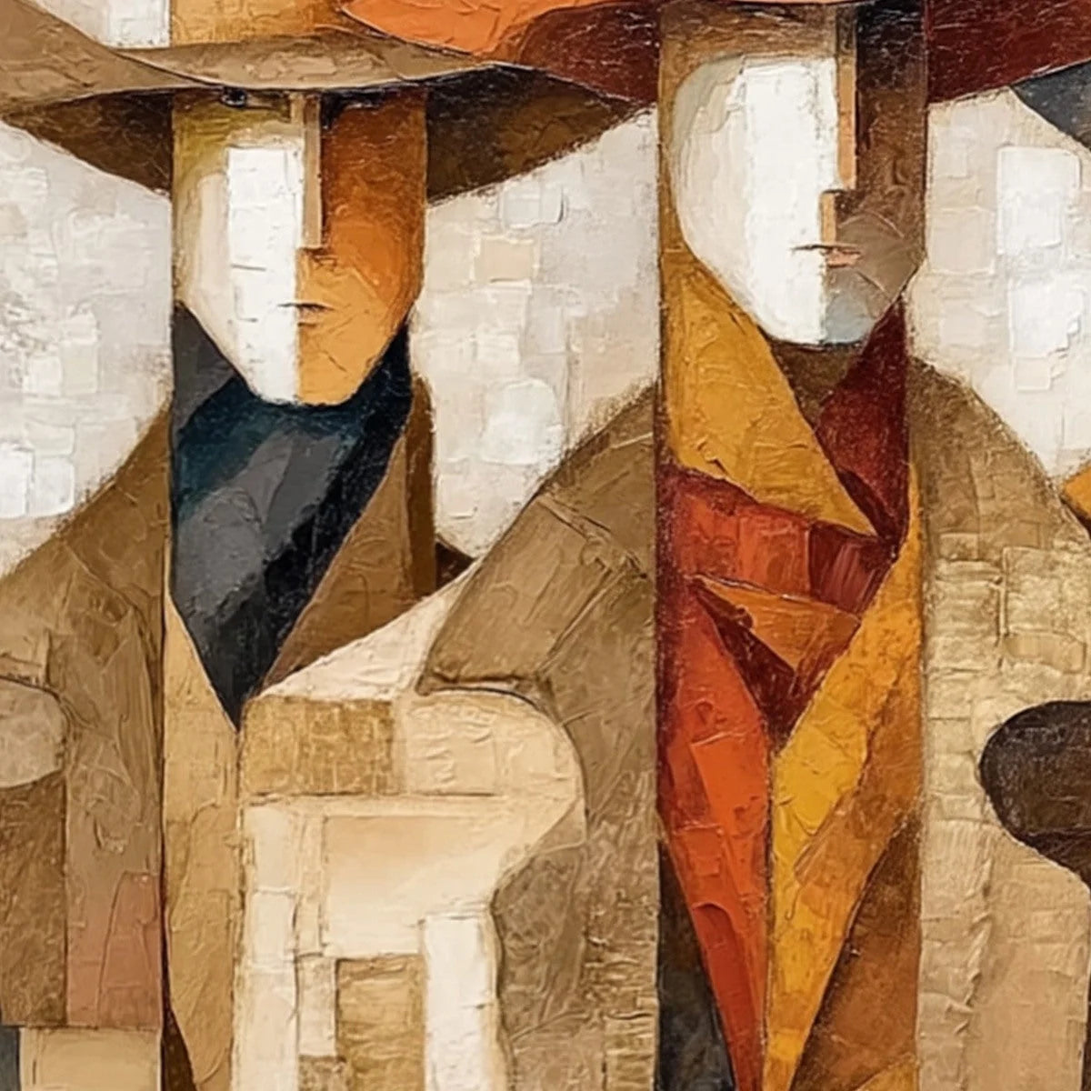 THE UNISON: Abstract Textured Figurative Painting of Three Men | rectangular format, hand-painted canvas edge