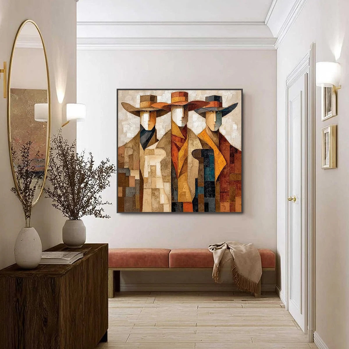 THE UNISON: Abstract Textured Figurative Painting of Three Men | gold frame stretched on neutral wall