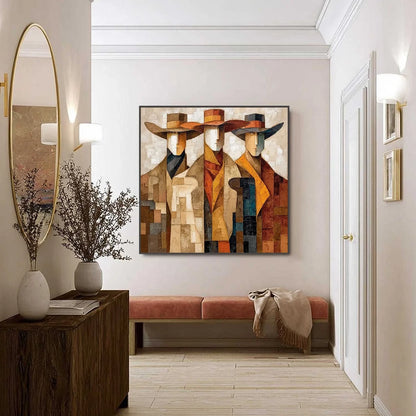 THE UNISON: Abstract Textured Figurative Painting of Three Men | gold frame stretched on neutral wall