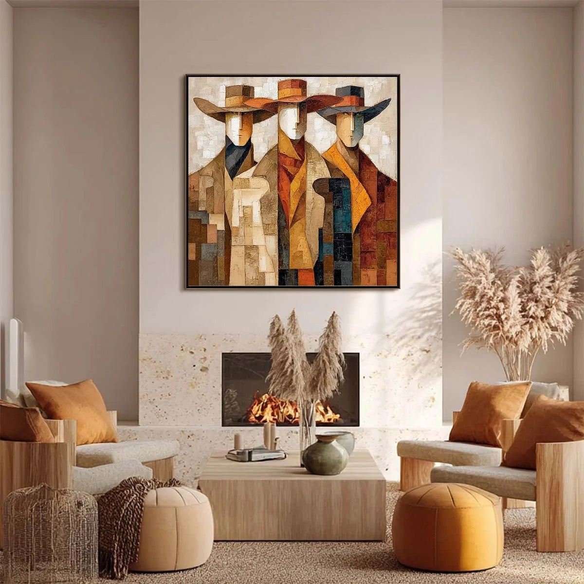 THE UNISON: Abstract Textured Figurative Painting of Three Men | black frame version on white wall