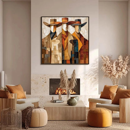THE UNISON: Abstract Textured Figurative Painting of Three Men | black frame version on white wall