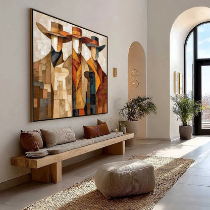 THE UNISON: Abstract Textured Figurative Painting of Three Men | Figurative mood, soft natural light studio shot