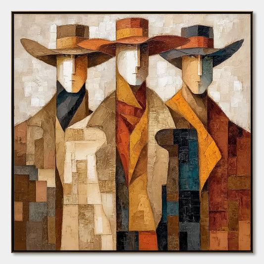 THE UNISON: Abstract Textured Figurative Painting of Three Men | hanging in living room, Figurative wall art